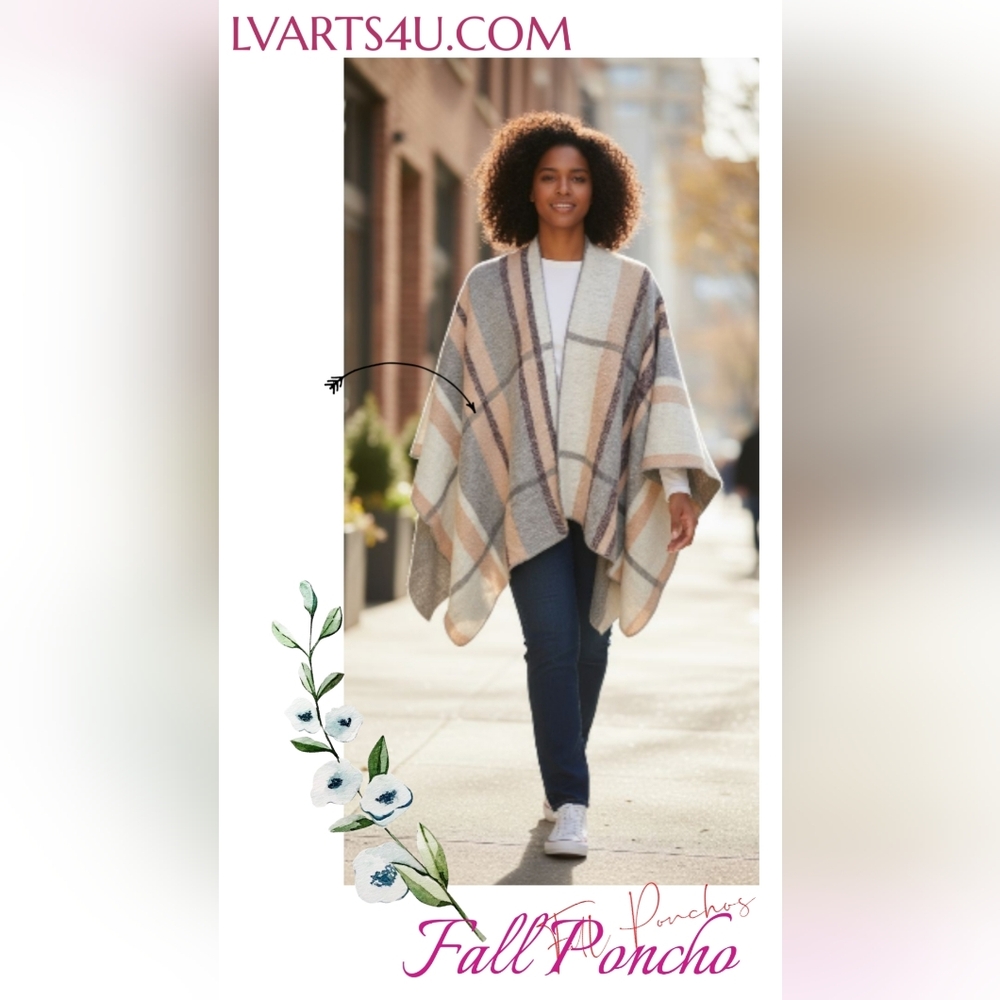 Plaid Gray and Cream Poncho